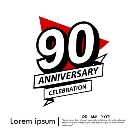 90th years anniversary celebration emblem. black anniversary logo isolated with ribbon and red triangle on white background. vector illustration template designのイラスト素材