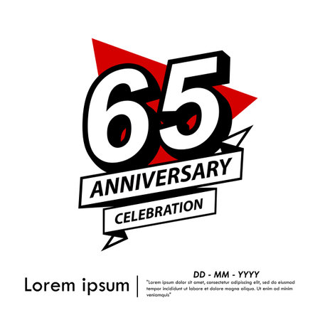 65th years anniversary celebration emblem. black anniversary logo isolated with ribbon and red triangle on white background. vector illustration template designのイラスト素材