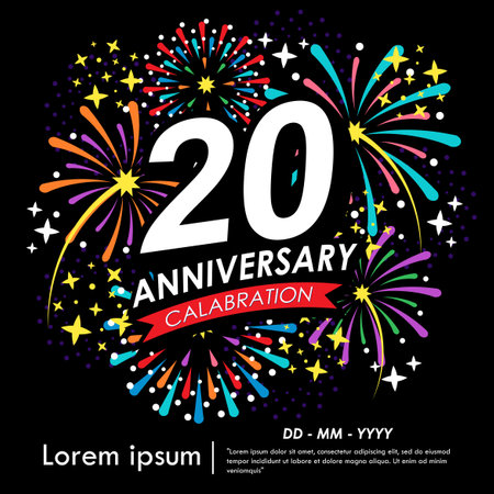 20th years anniversary celebration emblem. anniversary logo isolated with red ribbon, stars and fireworks sparkle twinkle. vector illustration template designのイラスト素材