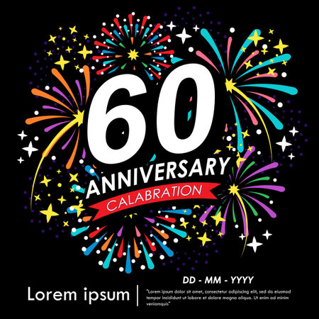60th years anniversary celebration emblem. anniversary logo isolated with red ribbon, stars and fireworks sparkle twinkle. vector illustration template designのイラスト素材