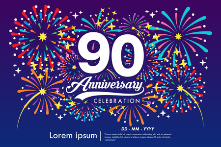 90th years anniversary celebration emblem. anniversary logo isolated with ribbon, sparkle, twinkle fireworks and stars. vector illustration template designのイラスト素材