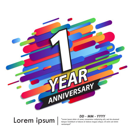1st year anniversary celebration emblem. white anniversary logo isolated with colorful rounded lines. vector illustration template design for web, flyers, poster, greeting cardのイラスト素材