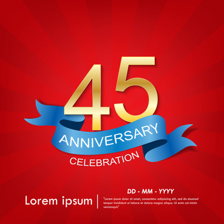 45th years anniversary celebration emblem. elegant golden anniversary logo isolated with blue ribbon on red background. vector illustration template designのイラスト素材