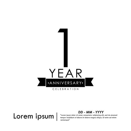 1st year anniversary celebration emblem. black anniversary logo isolated with ribbon on white background. vector illustration template designのイラスト素材