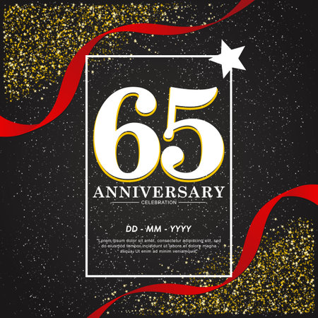 65th years anniversary celebration emblem. elegant anniversary logo isolated with red ribbon and stars glittering and sparkle. vector illustration template designのイラスト素材
