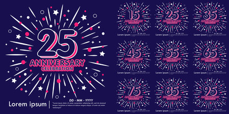 Set of 15-95th years anniversary celebration emblem. anniversary logo isolated with fireworks and stars sparkle glittering background. vector illustration template designのイラスト素材