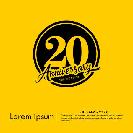 20th years anniversary celebration emblem. black anniversary logo isolated with handwriting and ribbon on yellow background. vector illustration template designのイラスト素材