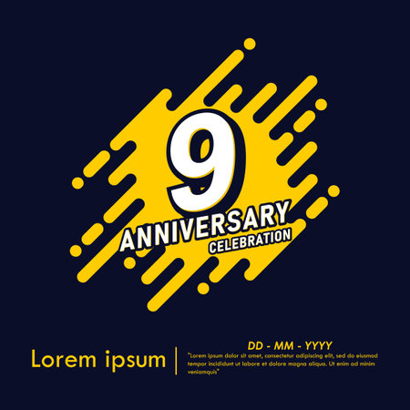 9th years anniversary celebration emblem. anniversary logo isolated with diagonal rounded lines geometric shape on dark blue background. vector illustration template designのイラスト素材