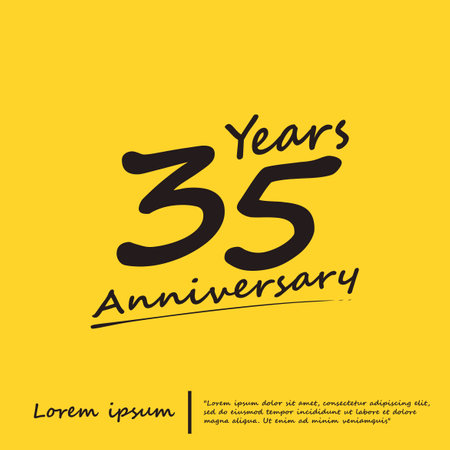 35th years anniversary celebration emblem logo isolated with line art - stroked handwriting on yellow background. vector illustration template designのイラスト素材