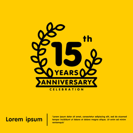 15th years anniversary celebration emblem. anniversary logo isolated with laurel wreath and ribbon on yellow background. vector illustration template designのイラスト素材