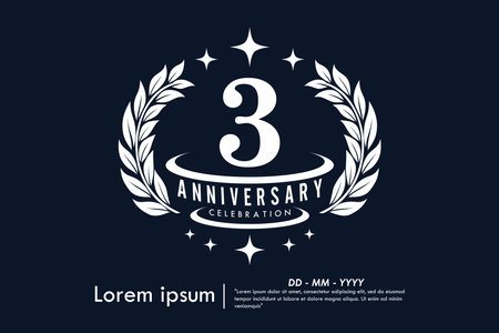 3rd years anniversary celebration emblem. congratulations anniversary logo isolated with laurel wreath and stars on Black background. vector illustration template designのイラスト素材