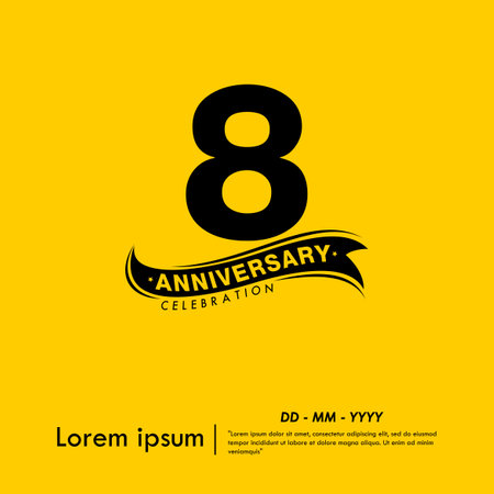 8th years anniversary celebration emblem. black logo isolated with ribbon on yellow background. vector illustration template design for web, flyers, poster, greeting cardのイラスト素材