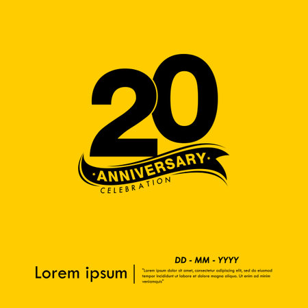 20th years anniversary celebration emblem. black logo isolated with ribbon on yellow background. vector illustration template design for web, flyers, poster, greeting cardのイラスト素材