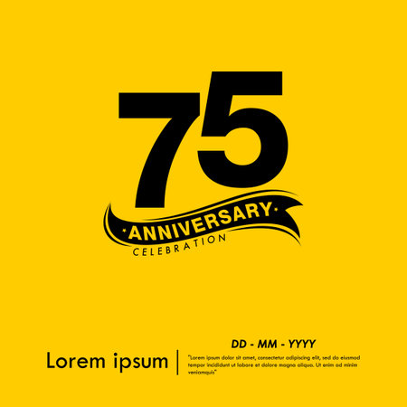 75th years anniversary celebration emblem. black logo isolated with ribbon on yellow background....