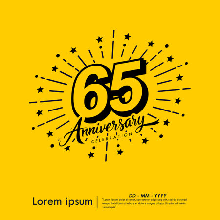 65th years anniversary celebration emblem. congratulations anniversary logo isolated with ribbon and starburst on yellow background. vector illustration template design for webのイラスト素材