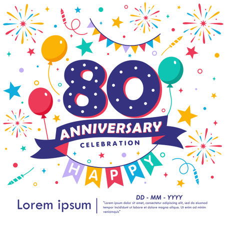 80th years anniversary celebration emblem. congratulations anniversary logo isolated with balloons, bunting flag, ribbon, fireworks and stars. vector illustration template designのイラスト素材