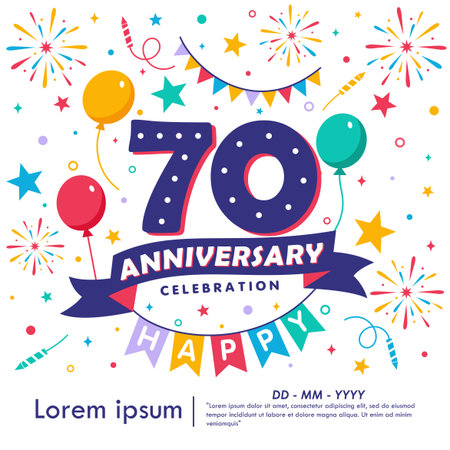 70th years anniversary celebration emblem. congratulations anniversary logo isolated with balloons, bunting flag, ribbon, fireworks and stars. vector illustration template designのイラスト素材