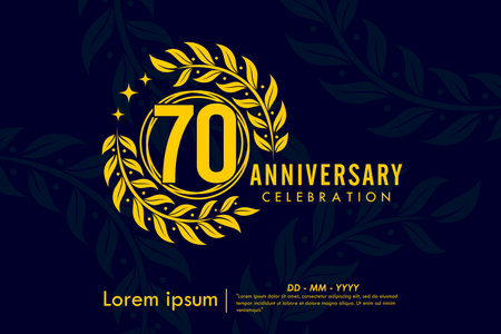 70th years anniversary celebration emblem. congratulations anniversary yellow logo with laurel wreath and stars on dark background. vector illustration template design for webのイラスト素材