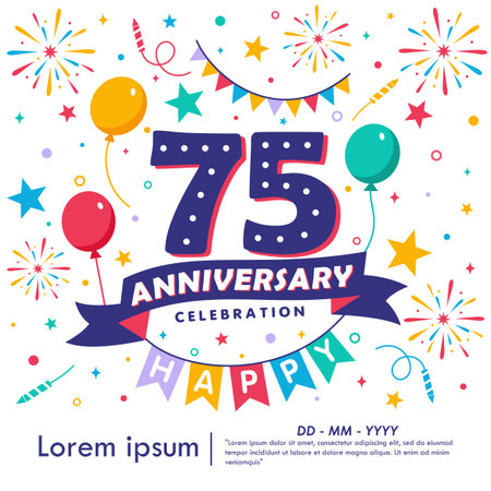 75th years anniversary celebration emblem. congratulations anniversary logo isolated with balloons, bunting flag, ribbon, fireworks and stars. vector illustration template designのイラスト素材