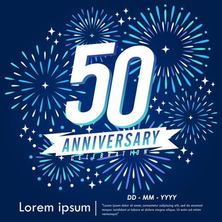 50th years anniversary celebration emblem. congratulations anniversary logo isolated with ribbon and fireworks sparkle on blue background. vector illustration template designのイラスト素材