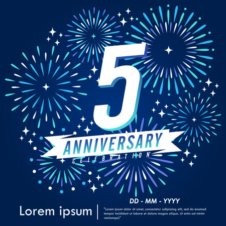5th years anniversary celebration emblem. congratulations anniversary logo isolated with ribbon and fireworks sparkle on blue background. vector illustration template designのイラスト素材