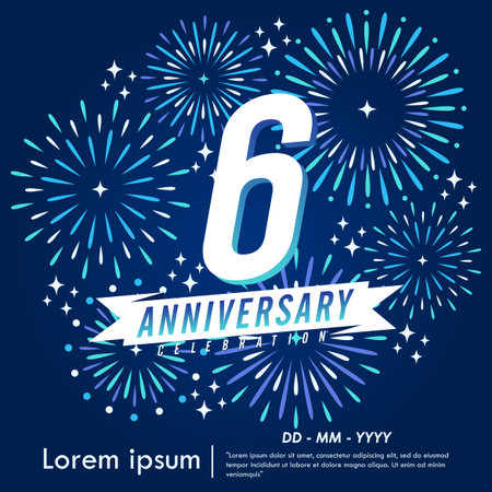 6th years anniversary celebration emblem. congratulations anniversary logo isolated with ribbon and fireworks sparkle on blue background. vector illustration template designのイラスト素材