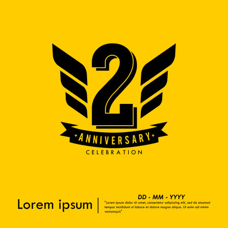 2nd years anniversary celebration emblem. congratulations anniversary logo isolated with ribbon and wing on yellow background. vector illustration template design for webのイラスト素材