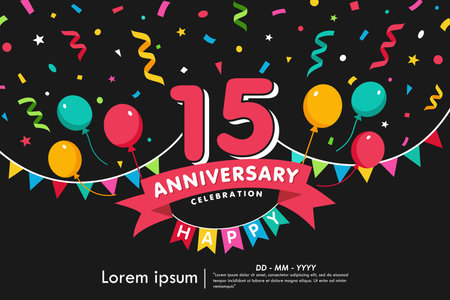 15th years anniversary celebration emblem. congratulations anniversary logo isolated with colorful confetti, bunting flag, balloons and ribbon. vector illustration template designのイラスト素材