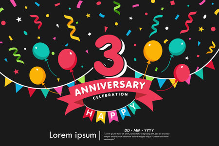 3rd years anniversary celebration emblem. congratulations anniversary logo isolated with colorful confetti, bunting flag, balloons and ribbon. vector illustration template designのイラスト素材