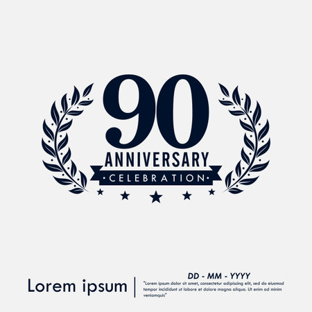 90th years anniversary celebration emblem. congratulations anniversary logo isolated with ribbon and laurel wreath on white background. vector illustration template designのイラスト素材