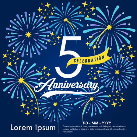 5th years anniversary celebration emblem. congratulations anniversary logo isolated with yellow ribbon and fireworks sparkle on blue background. vector illustration templateのイラスト素材