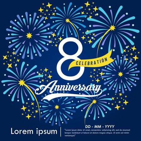 8th years anniversary celebration emblem. congratulations anniversary logo isolated with yellow ribbon and fireworks sparkle on blue background. vector illustration templateのイラスト素材