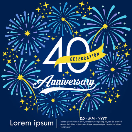 40th years anniversary celebration emblem. congratulations anniversary logo isolated with yellow ribbon and fireworks sparkle on blue background. vector illustration templateのイラスト素材