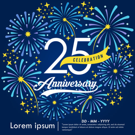 25th years anniversary celebration emblem. congratulations anniversary logo isolated with yellow ribbon and fireworks sparkle on blue background. vector illustration templateのイラスト素材