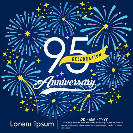 95th years anniversary celebration emblem. congratulations anniversary logo isolated with yellow ribbon and fireworks sparkle on blue background. vector illustration templateのイラスト素材