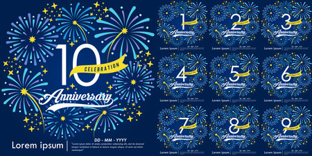 Set of 1st-10th years anniversary celebration emblem. congratulations anniversary logo isolated with yellow ribbon and fireworks sparkle on blue background.のイラスト素材