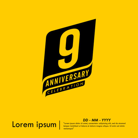 9th years anniversary celebration emblem. congratulations anniversary black logo isolated with ribbons on yellow background. vector illustration template design for web banner.のイラスト素材