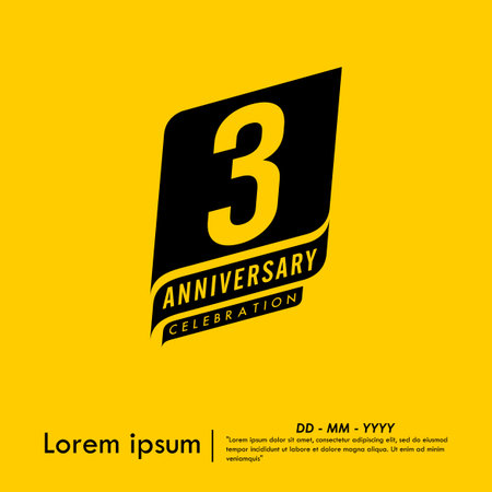 3rd years anniversary celebration emblem. congratulations anniversary black logo isolated with ribbons on yellow background. vector illustration template design for web banner.のイラスト素材