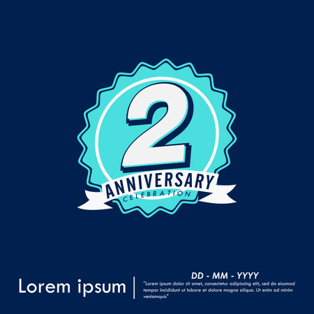 2nd years anniversary celebration emblem. congratulation anniversary blue medal logo isolated with ribbon on blue background. vector illustration template design for web bannerのイラスト素材