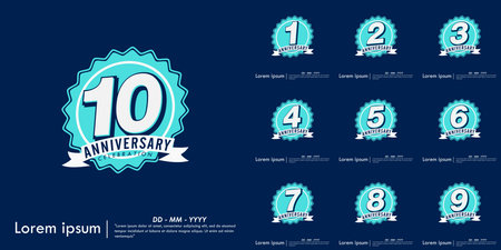 Set of 1st-10th years anniversary celebration emblem. congratulation anniversary blue medal logo isolated with ribbon on blue background. vector illustration templateのイラスト素材