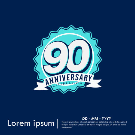 90th years anniversary celebration emblem. congratulation anniversary blue medal logo isolated with ribbon on blue background. vector illustration template design for web bannerのイラスト素材