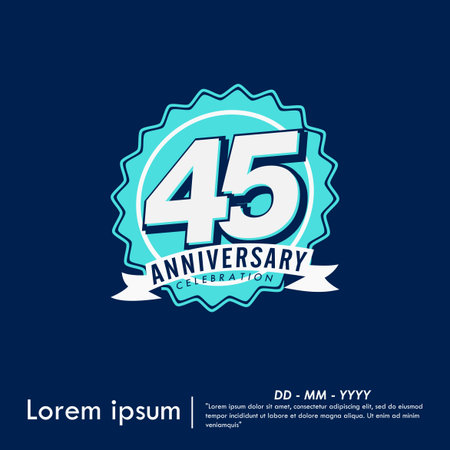 45th years anniversary celebration emblem. congratulation anniversary blue medal logo isolated with ribbon on blue background. vector illustration template design for web banner.のイラスト素材