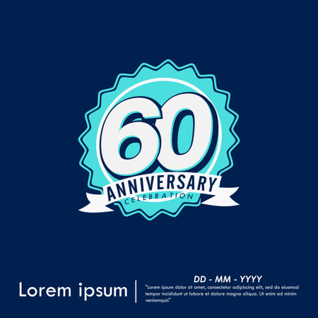 60th years anniversary celebration emblem. congratulation anniversary blue medal logo isolated with ribbon on blue background. vector illustration template design for web bannerのイラスト素材