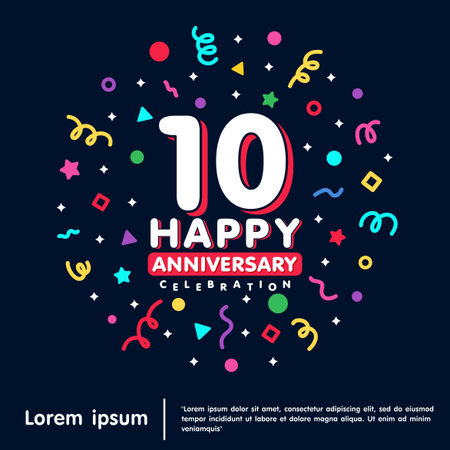 10th years anniversary celebration emblem. Happy anniversary logo isolated with colorful confetti and line doodle and stars on black background. vector illustration template designのイラスト素材