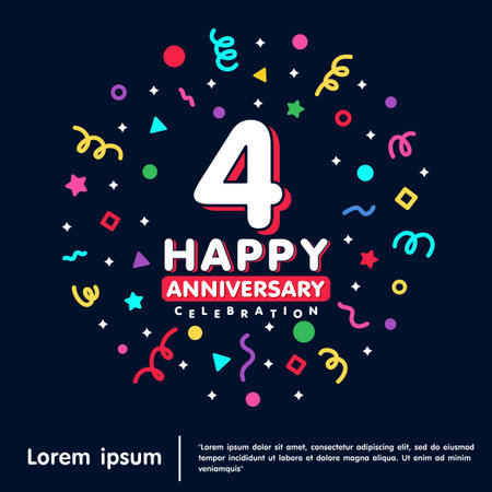 4th years anniversary celebration emblem. Happy anniversary logo isolated with colorful confetti and line doodle and stars on black background. vector illustration template designのイラスト素材
