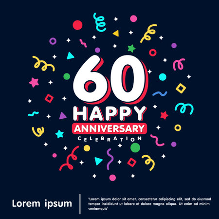 60th years anniversary celebration emblem. Happy anniversary logo isolated with colorful confetti and line doodle and stars on black background. vector illustration template designのイラスト素材