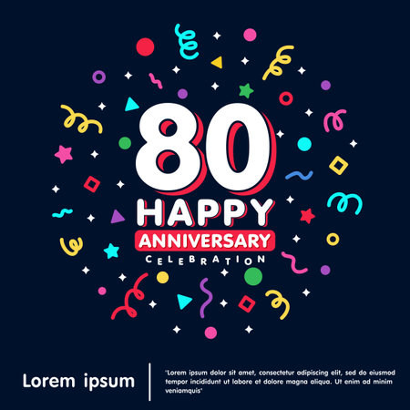 80th years anniversary celebration emblem. Happy anniversary logo isolated with colorful confetti...