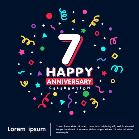 7th years anniversary celebration emblem. Happy anniversary logo isolated with colorful confetti and line doodle and stars on black background. vector illustration template designのイラスト素材