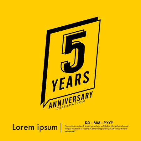 5th years anniversary celebration emblem. congratulations anniversary black logo isolated with speech ribbon badge on yellow background. vector illustration templateのイラスト素材