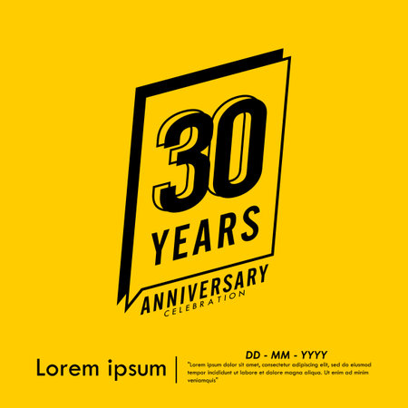 30th years anniversary celebration emblem. congratulations anniversary black logo isolated with speech ribbon badge on yellow background. vector illustration templateのイラスト素材